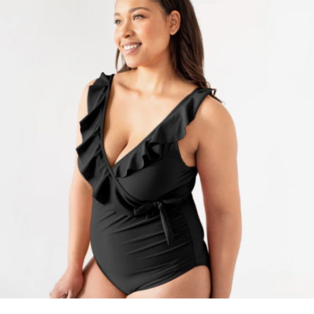 Black Ruffled Wrap One-Piece Swimsuit - Women Swim